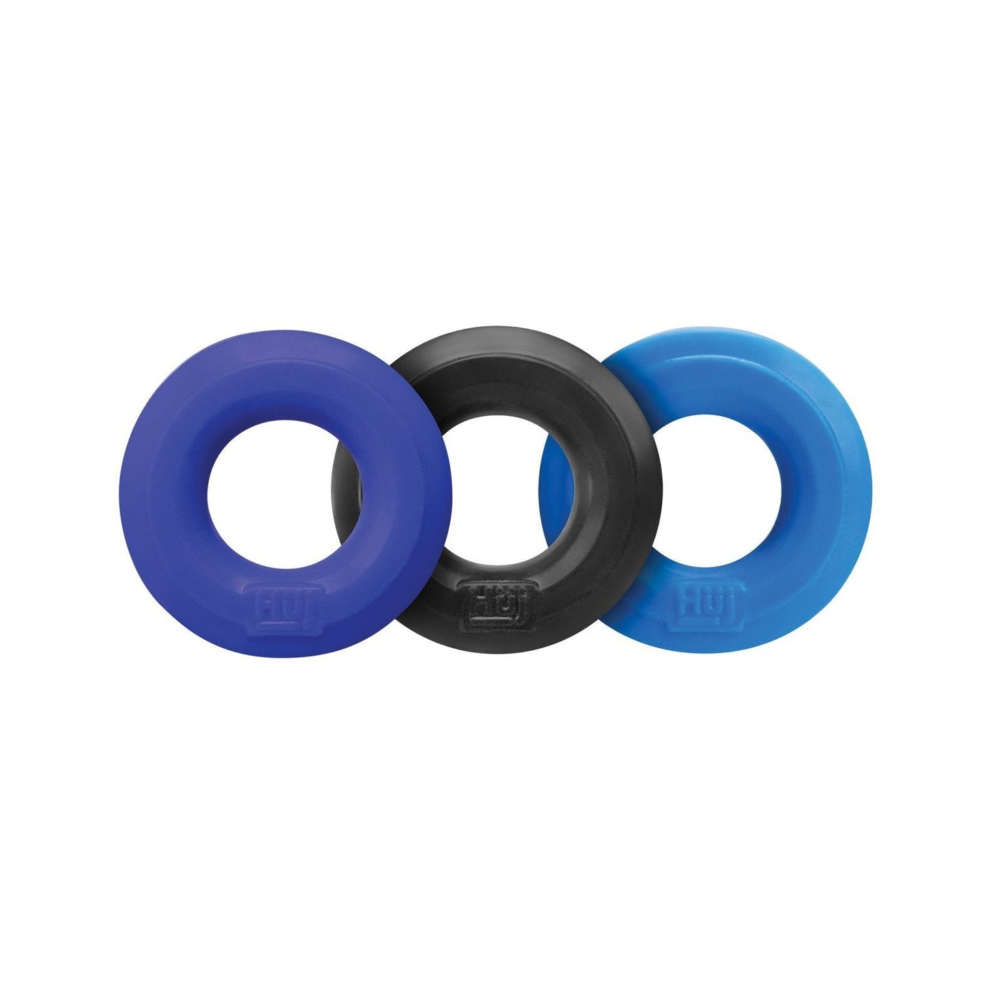 The Hunky Junk C Ring Multi Pack includes three thick silicone rings in assorted colors (blue, black, light blue) arranged side by side, providing a smooth surface perfect for grip and strength training.
