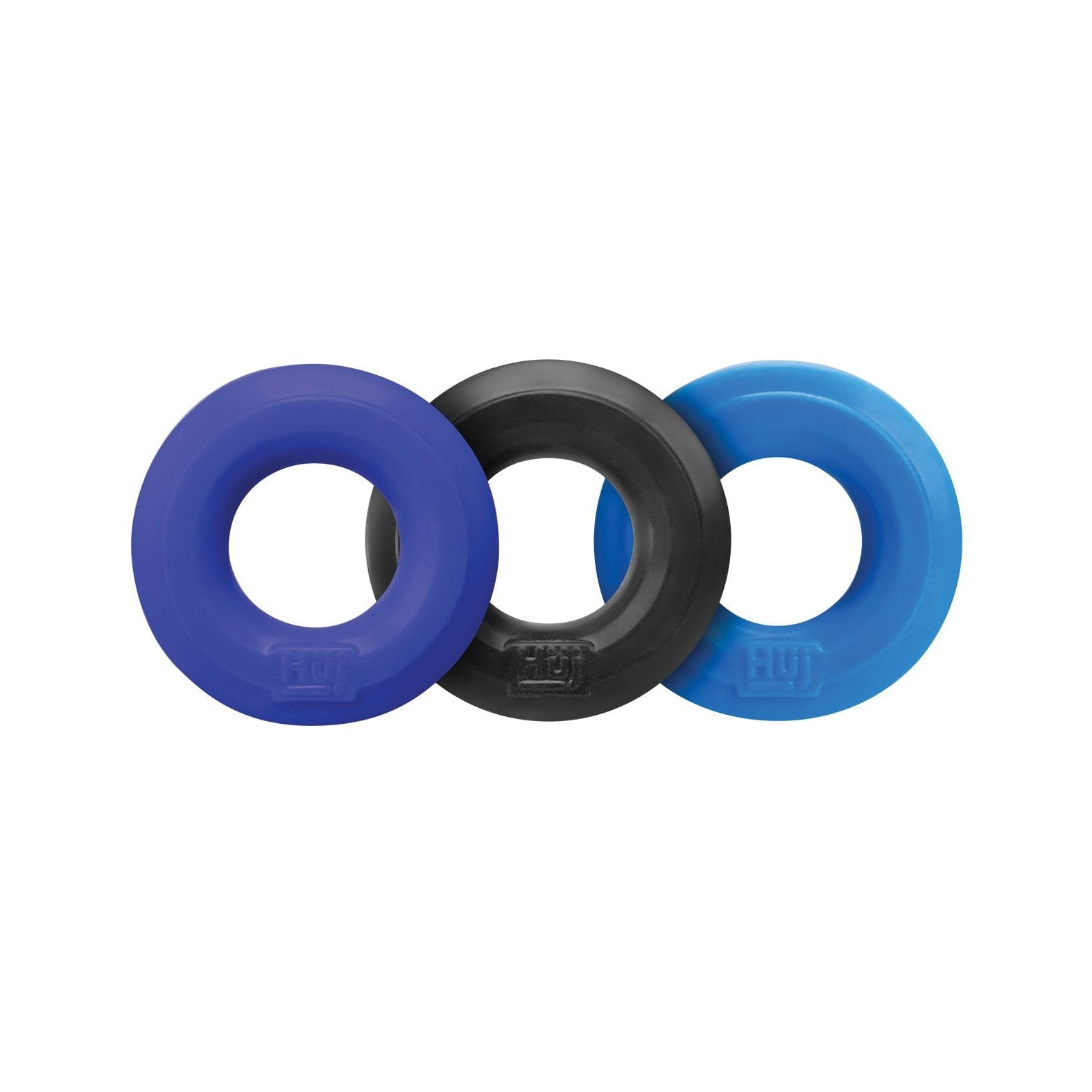 The Hunky Junk C Ring Multi Pack includes three thick silicone rings in assorted colors (blue, black, light blue) arranged side by side, providing a smooth surface perfect for grip and strength training.