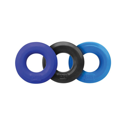 The Hunky Junk C Ring Multi Pack includes three thick silicone rings in assorted colors (blue, black, light blue) arranged side by side, providing a smooth surface perfect for grip and strength training.