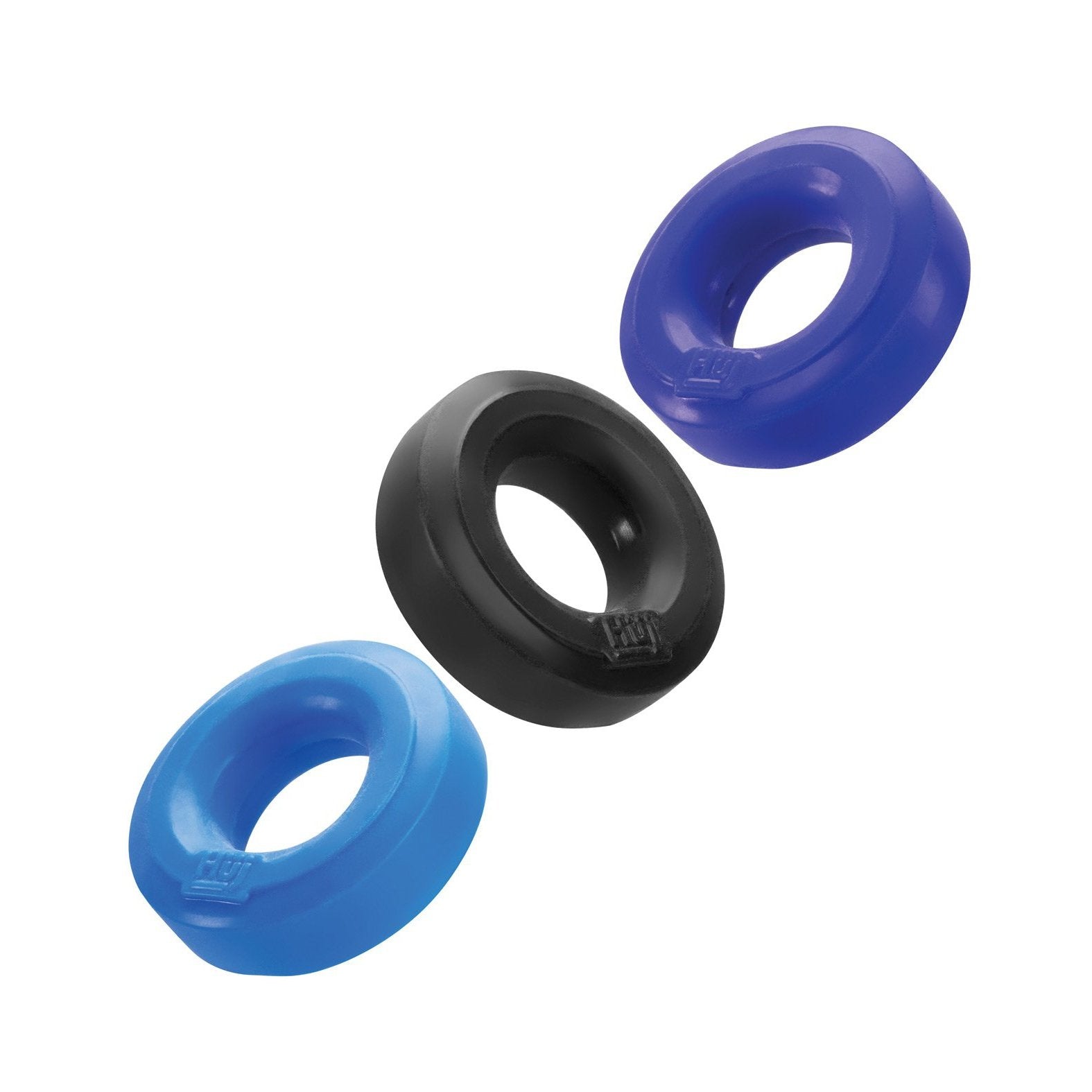 The Hunky Junk C Ring Multi Pack includes three colorful silicone rings in blue, black, and dark blue, arranged diagonally on a white background. Each boasts a smooth, glossy surface for style and versatility in this convenient pack.