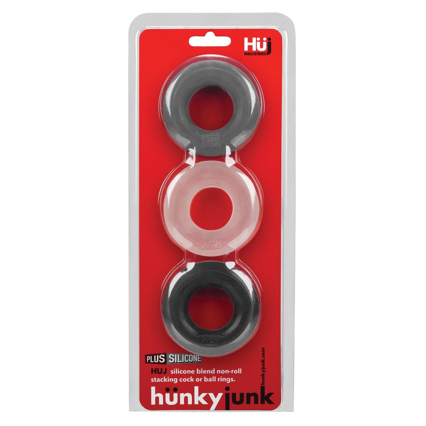 The Hunky Junk C Ring Multi Pack features three Plus+silicone rings in black, white, and gray, stacked vertically. The label highlights them as HUJ silicone blend non-roll stacking cock or ball rings.
