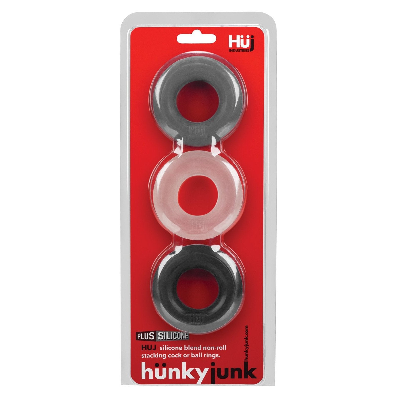 The Hunky Junk C Ring Multi Pack features three Plus+silicone rings in black, white, and gray, stacked vertically. The label highlights them as HUJ silicone blend non-roll stacking cock or ball rings.