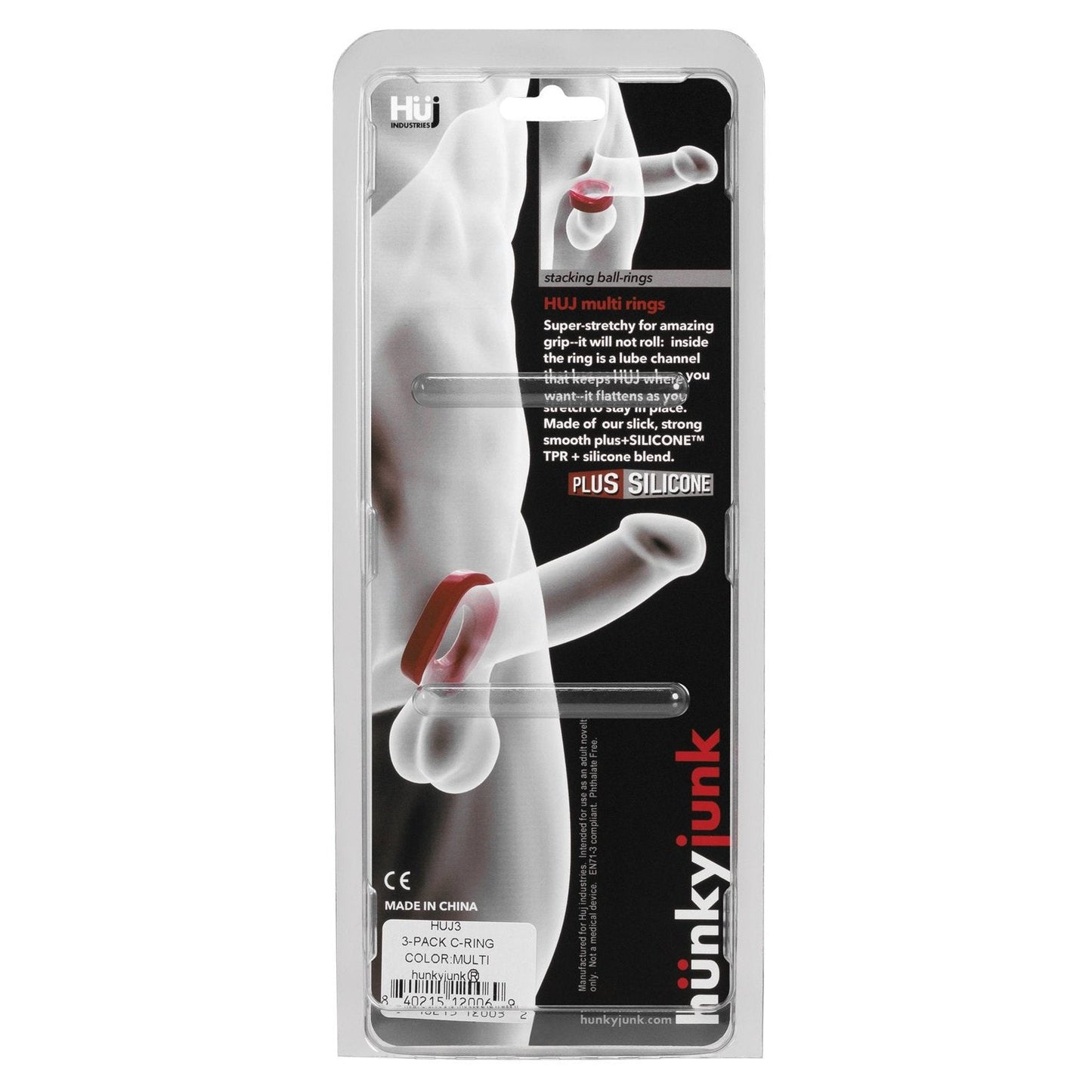 The Hunky Junk C Ring Multi Pack packaging highlights the design and features with an illustration of the cock rings on a male form, emphasizing their use and Plus+silicone blend.
