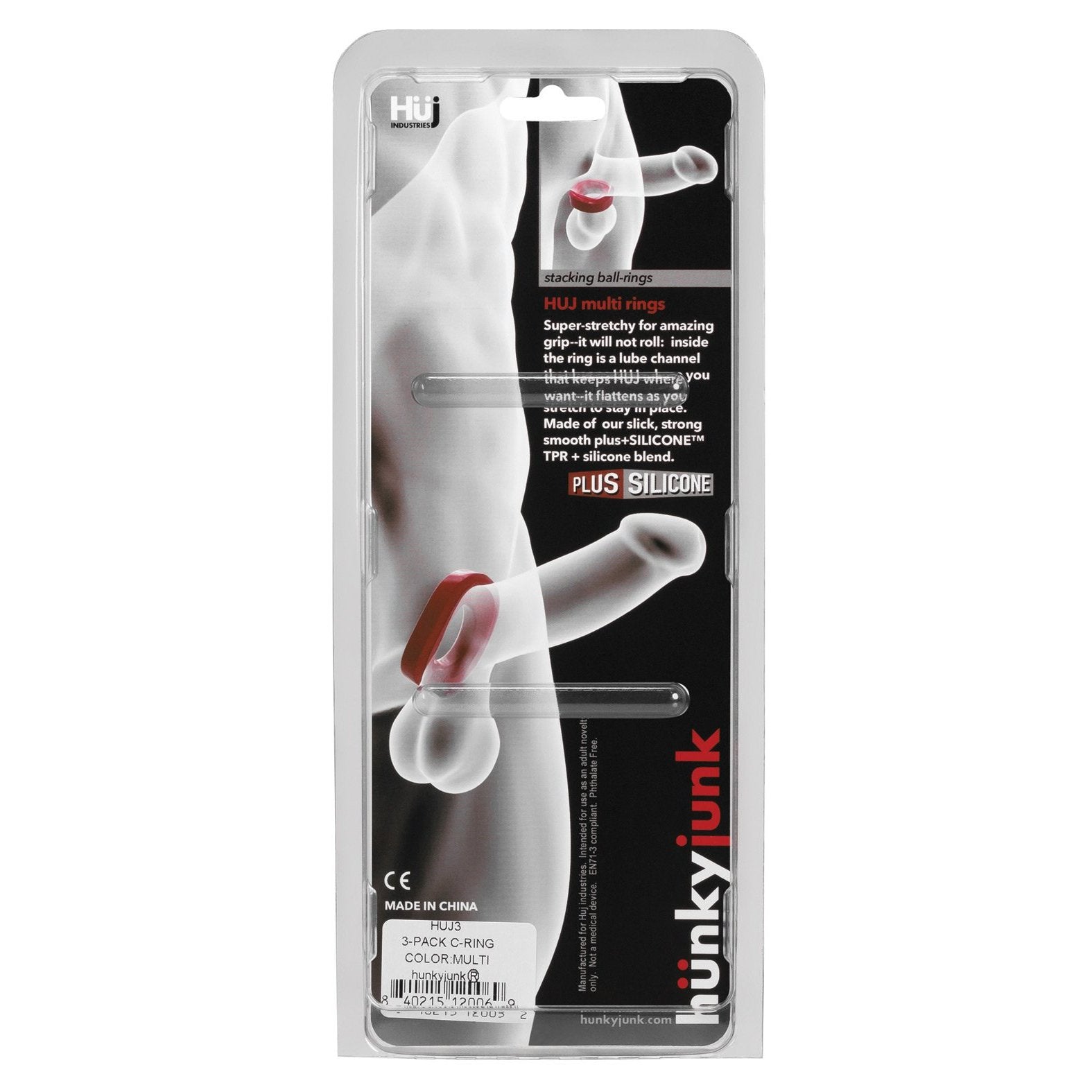 The Hunky Junk C Ring Multi Pack packaging highlights the design and features with an illustration of the cock rings on a male form, emphasizing their use and Plus+silicone blend.