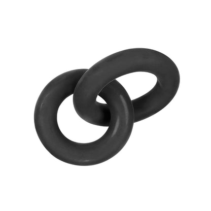 The Hunky Junk Duo Linked Cock & Ball Rings by Adams Toy Box features two interlocking black rings, made from a TPR/silicone blend and shown in the center against a white background, creating a minimalist and symmetrical C-ring design.