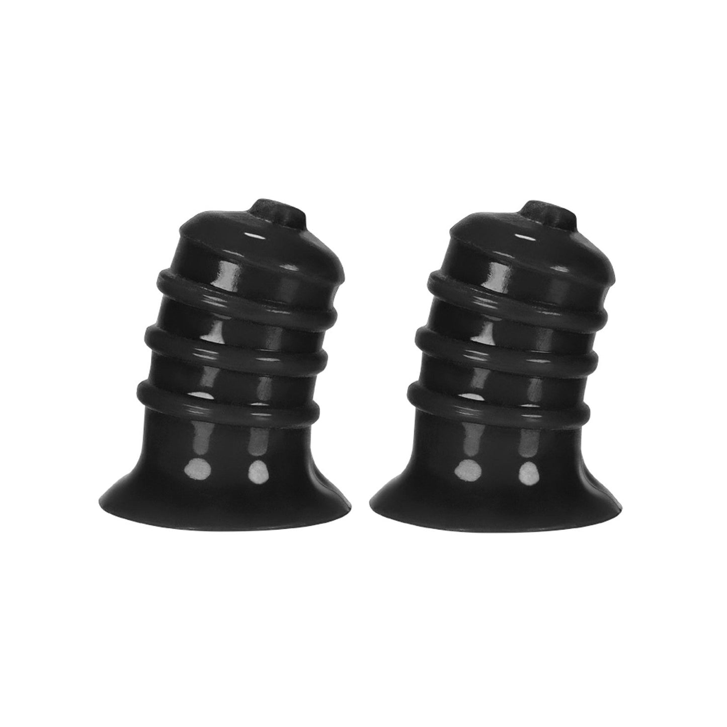 A pair of Hunky Junk Elong Nipsuckers by Hunky Junk, featuring smooth black rubber surfaces with ridged designs, are showcased side by side on a white background, promising nipple pleasure.