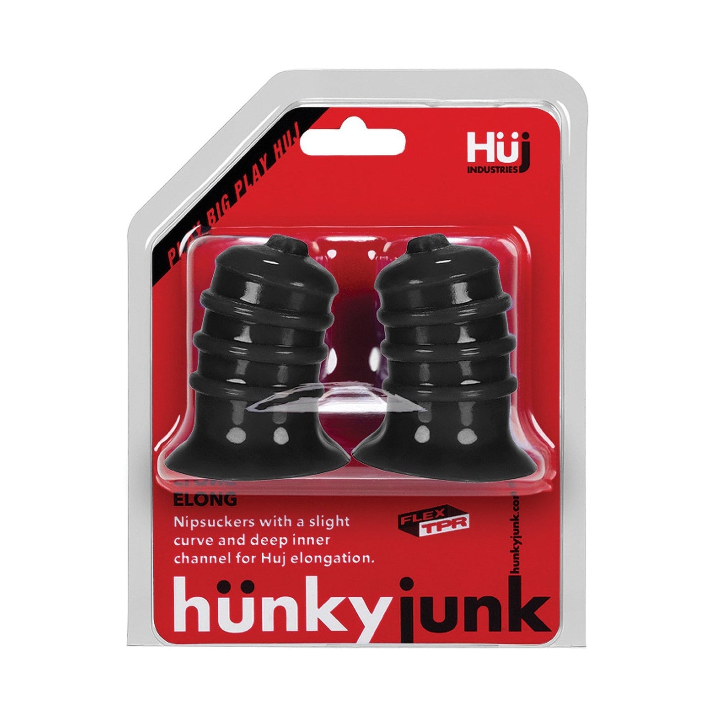 The Hunky Junk Elong Nipsuckers, branded by Hunky Junk for nipple pleasure, are crafted from FLEX TPR material. The black silicone suckers come in a transparent case set against a red and white background.
