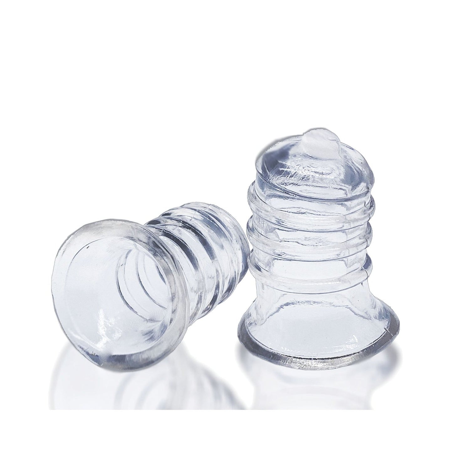 Two small, clear Hunky Junk Elong Nipsuckers from Hunky Junk are displayed; one upright and the other on its side, showcasing their ribbed design. Set against a white background, they highlight a simple yet functional form.