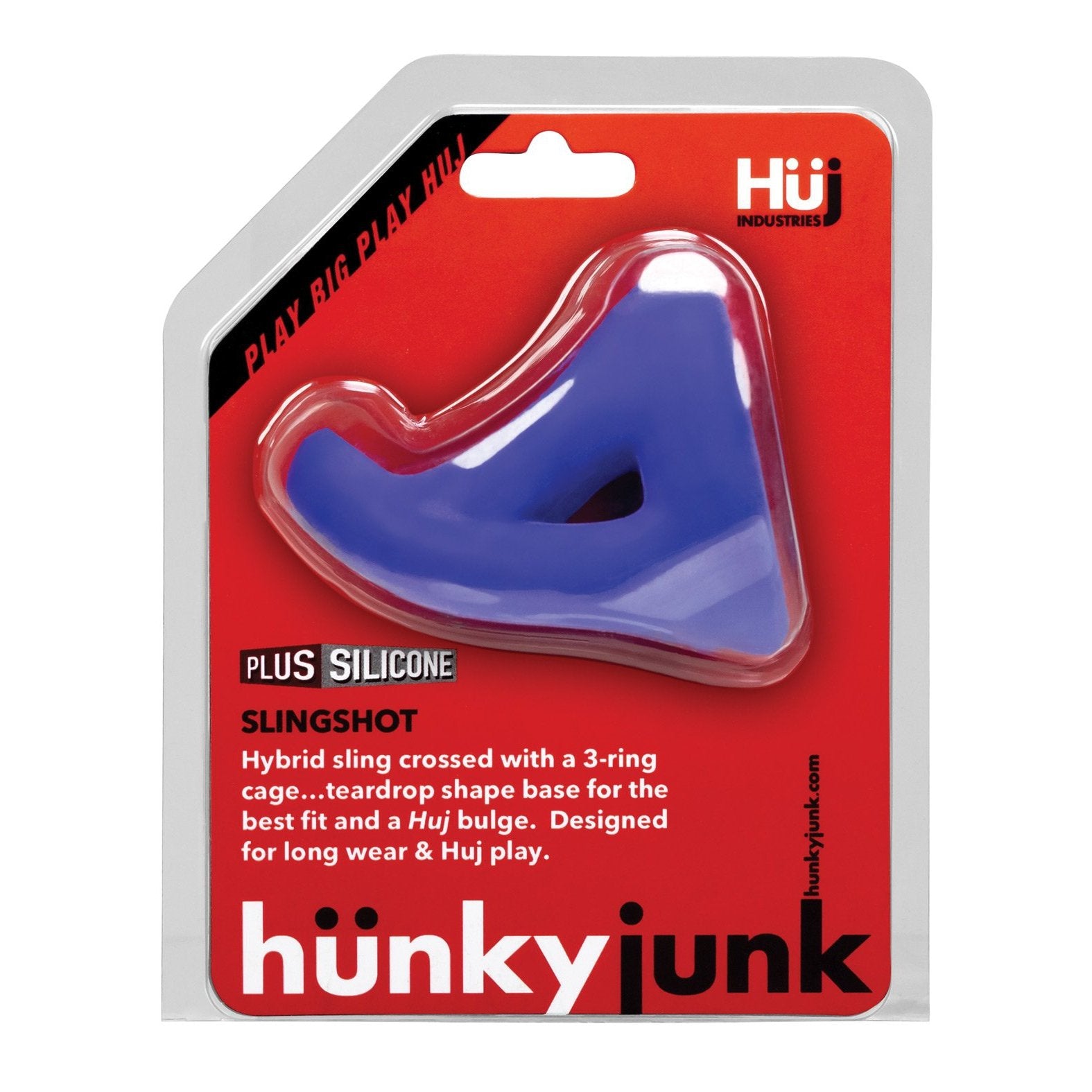 The image features packaging for a Hunky Junk Slingshot 3 Ring Teardrop, displaying a blue silicone hybrid sling with a unique teardrop base. It emphasizes its long-wear fit and includes branding elements like Hunky Junk.
