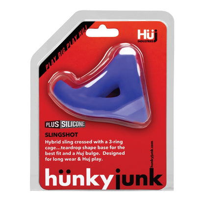 The image features packaging for a Hunky Junk Slingshot 3 Ring Teardrop, displaying a blue silicone hybrid sling with a unique teardrop base. It emphasizes its long-wear fit and includes branding elements like Hunky Junk.