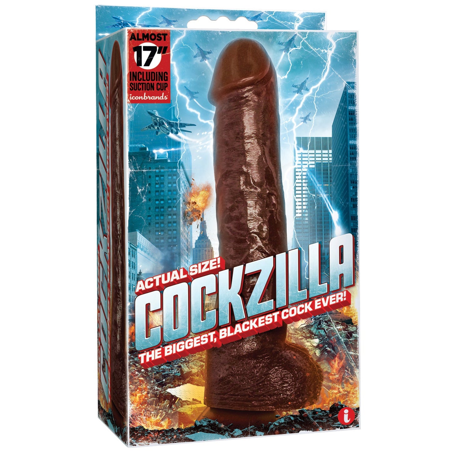 The Icon Male Cockzilla - Black by Icon Brands comes in packaging that features a cityscape with thrilling explosions, highlighting its monstrous size and incredible suction. Made from SensaFlesh, this novelty toy promises an unparalleled experience.