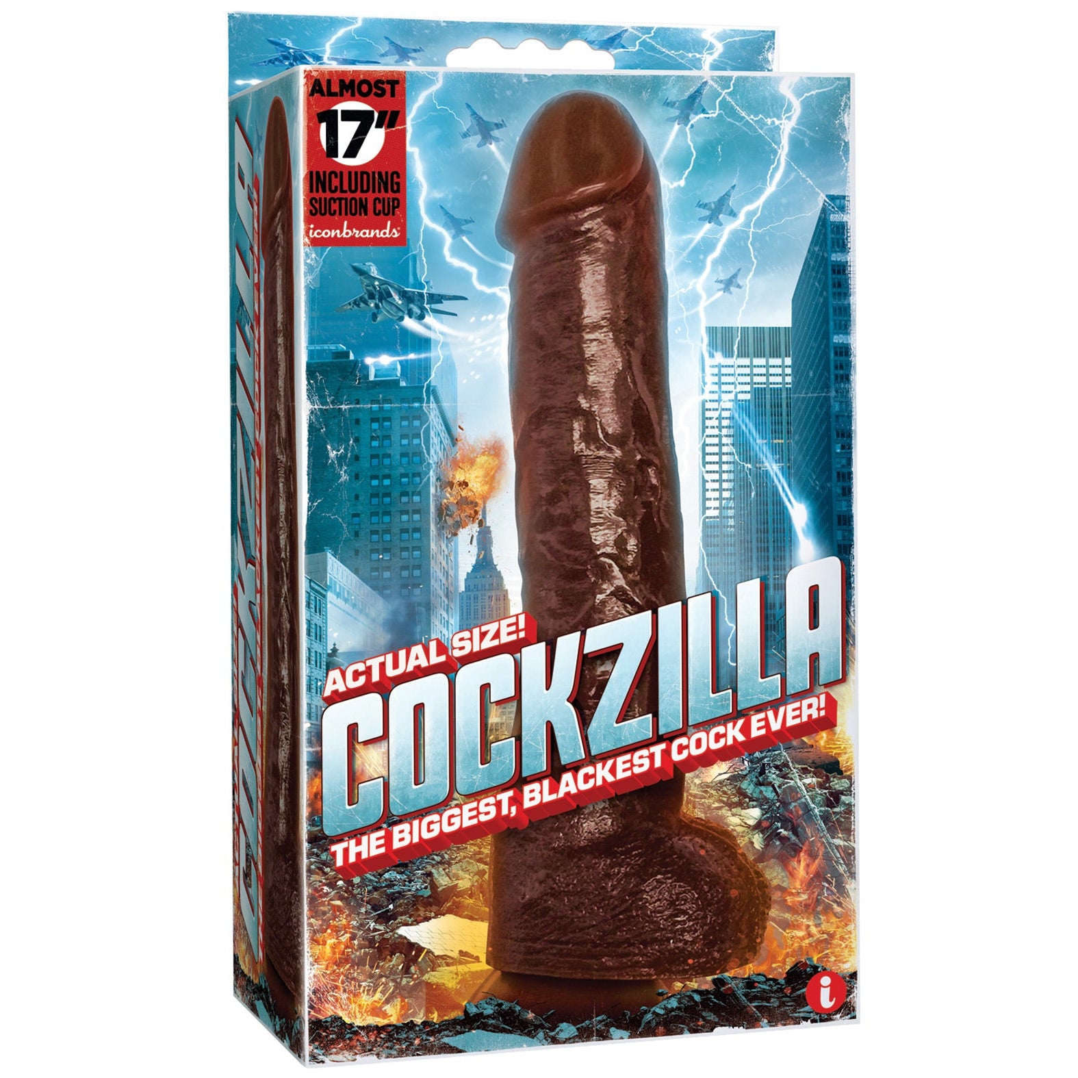 The Icon Male Cockzilla - Black by Icon Brands comes in packaging that features a cityscape with thrilling explosions, highlighting its monstrous size and incredible suction. Made from SensaFlesh, this novelty toy promises an unparalleled experience.