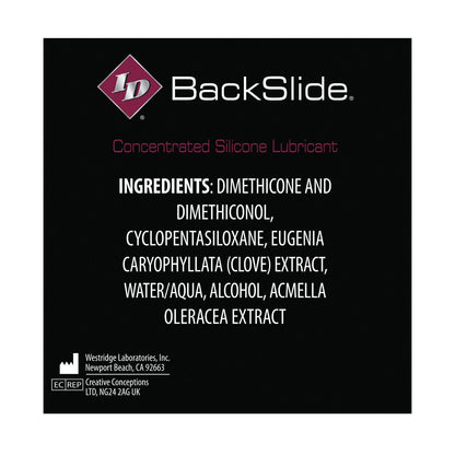 Label for ID Backslide Anal Lubricant. Crafted by Westridge Laboratories, Inc., this premium silicone-based formula contains dimethicone, dimethiconol, cyclopentasiloxane, clove extract, water/alcohol, and acmella oleracea extract. Choose ID Backslide for smooth encounters.