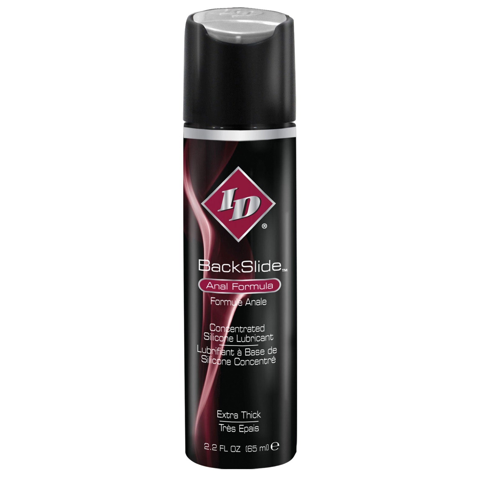 The ID Backslide Anal Lubricant, 2.2 fl oz (65 ml), features a sleek black canister with red and silver accents. The bilingual packaging describes it as a concentrated silicone-based formula for enhanced comfort.