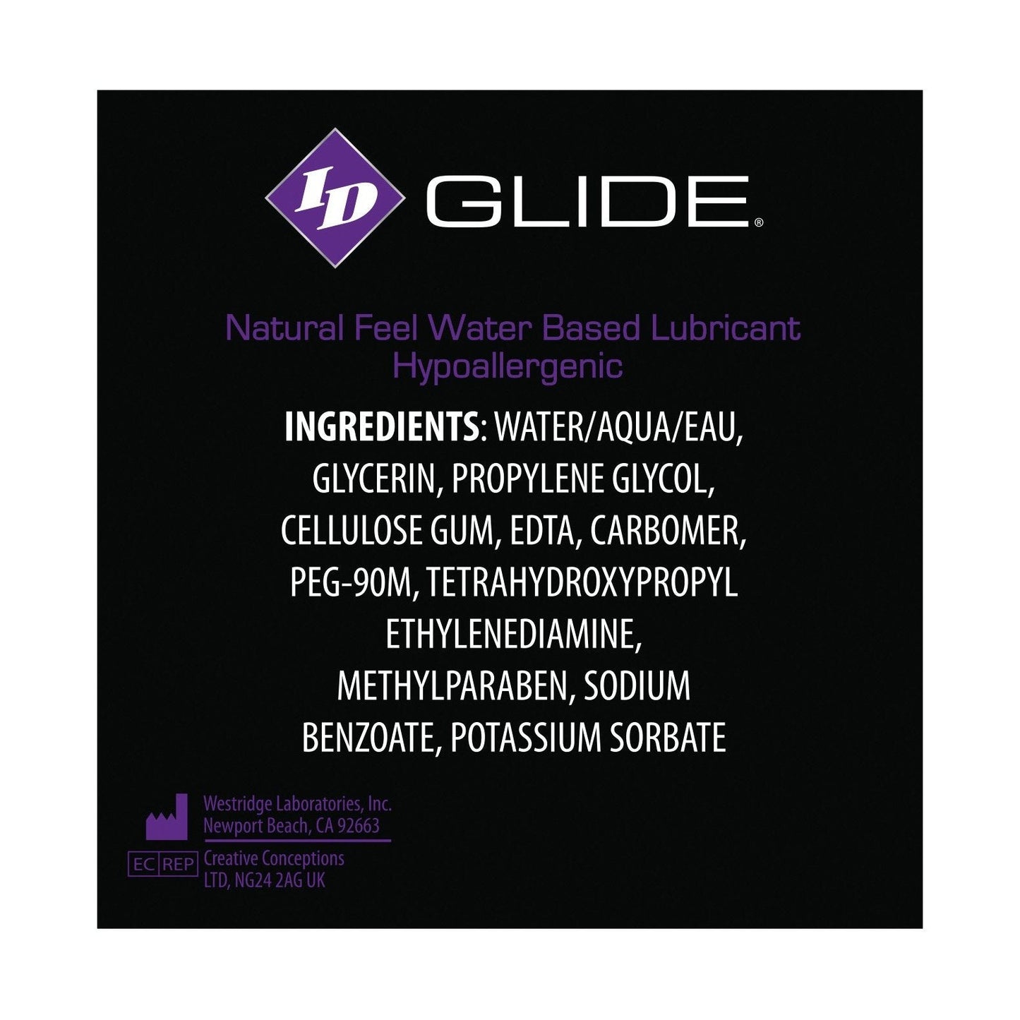 The ID Glide Water Based Lubricant by Adams Toy Box features a label listing ingredients like water, glycerin, and propylene glycol. Its designed for a natural feel with long-lasting glide, is hypoallergenic with medical-grade components, and includes manufacturers info at the bottom.