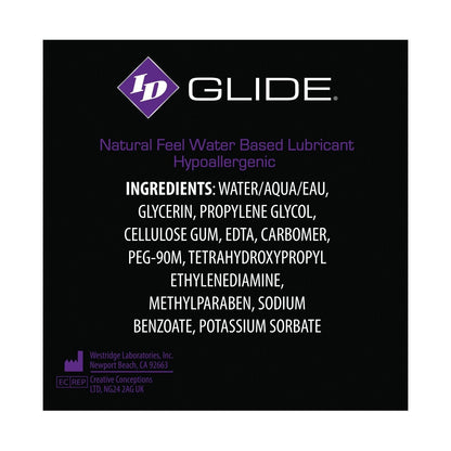The ID Glide Water Based Lubricant by Adams Toy Box features a label listing ingredients like water, glycerin, and propylene glycol. Its designed for a natural feel with long-lasting glide, is hypoallergenic with medical-grade components, and includes manufacturers info at the bottom.