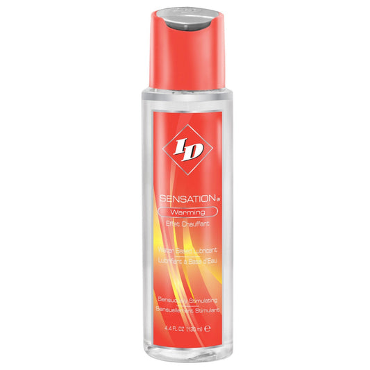 The ID Sensation Waterbased Warming Lubricant by ID comes in a clear 4.4 fl oz (130 ml) bottle with a red label, perfect for enhancing intimacy. Its latex-safe, features a grey cap, and offers a warming effect for a smooth experience.