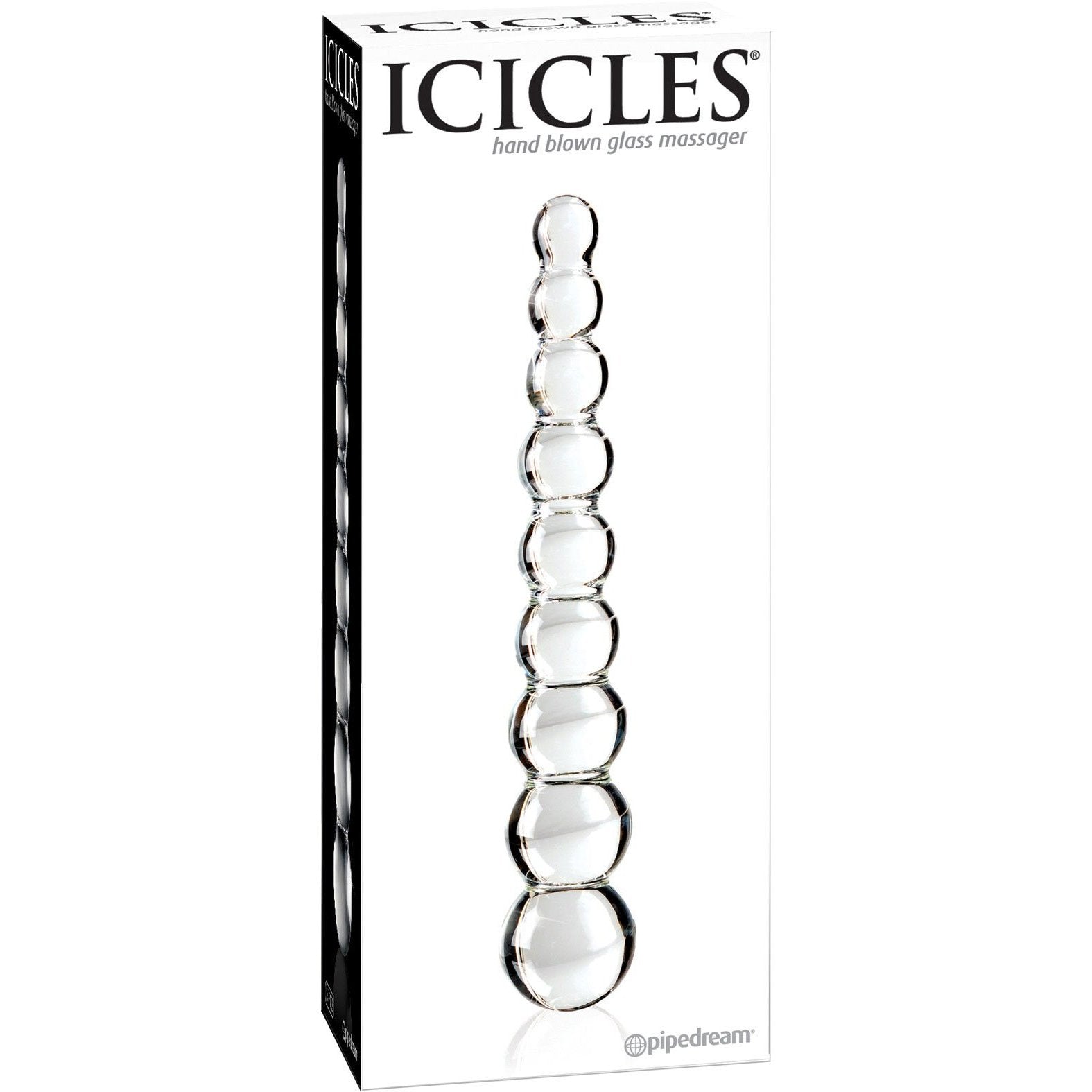 Pipedreams Icicles No. 2 Hand Blown Glass Massager, Rippled, is a luxury anal massager with vertically arranged rounded beads, ideal for temperature play and elegantly packaged in a white box with sleek black text.
