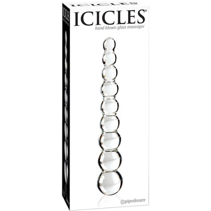 Pipedreams Icicles No. 2 Hand Blown Glass Massager, Rippled, is a luxury anal massager with vertically arranged rounded beads, ideal for temperature play and elegantly packaged in a white box with sleek black text.