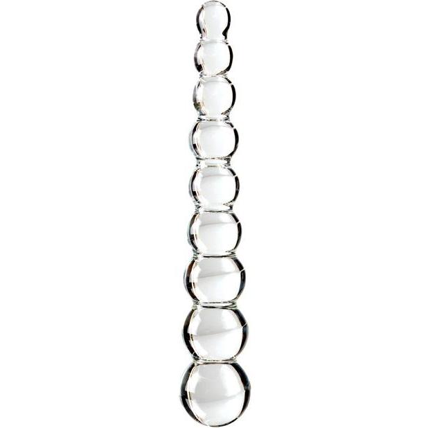 The Icicles No. 2 Hand Blown Glass Massager - Rippled by Pipedream is a clear, glass sculpture with vertically arranged, decreasing spherical shapes. Its smooth and symmetrical design combines luxury aesthetics with the potential for temperature play exploration.