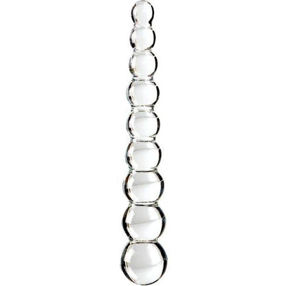 The Icicles No. 2 Hand Blown Glass Massager - Rippled by Pipedream is a clear, glass sculpture with vertically arranged, decreasing spherical shapes. Its smooth and symmetrical design combines luxury aesthetics with the potential for temperature play exploration.