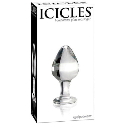 Box of Icicles No. 25, a hand-blown glass butt plug by Adams Toy Box, features a smooth, clear design with a rounded top and flat base on the packaging, perfect for exploring temperature play.