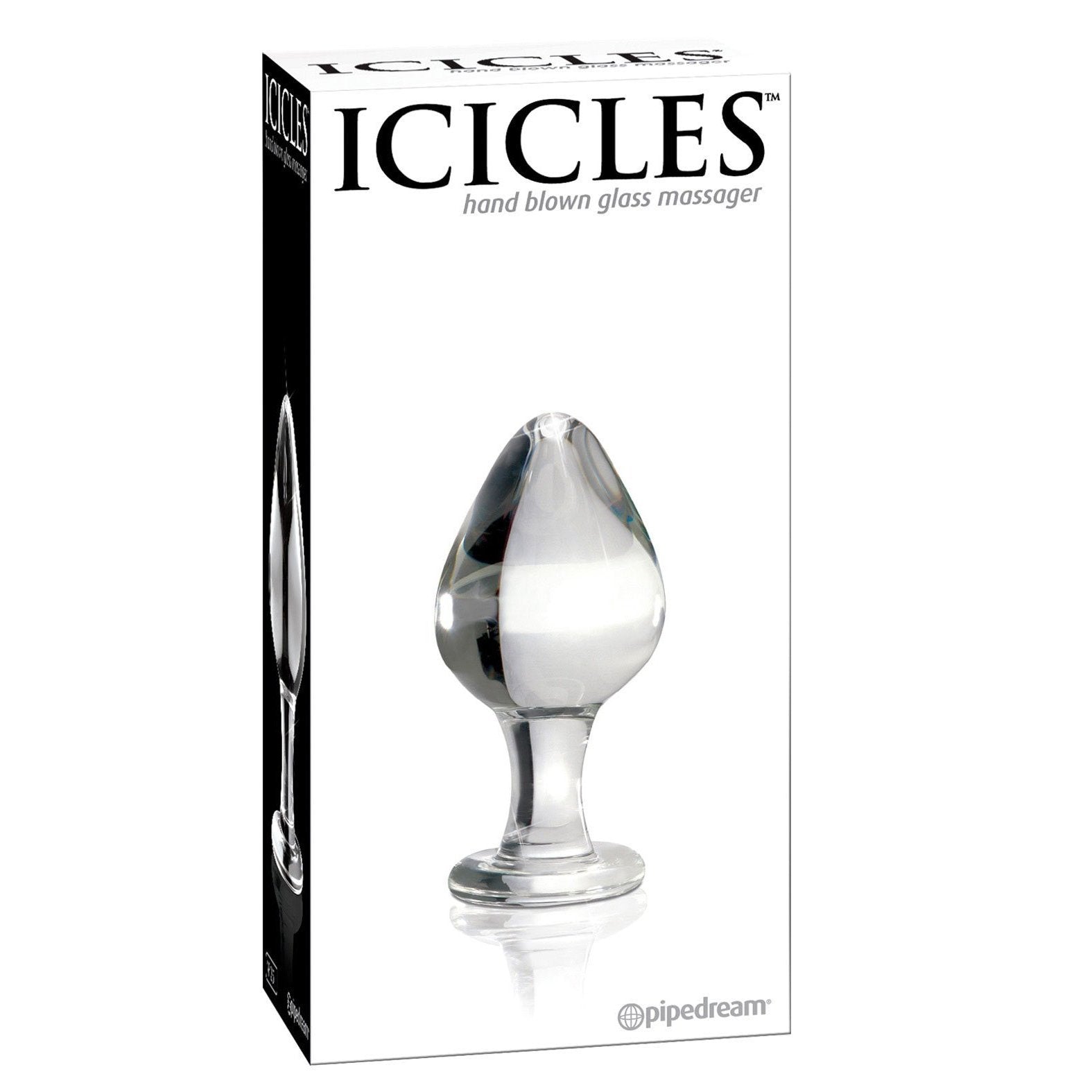 The box for Adams Toy Box Icicles No. 25 showcases a clear glass butt plug with a bulbous top and flat base, ideal for temperature play. This elegant, body-safe, hand-blown massager combines sophistication and functionality in every use.