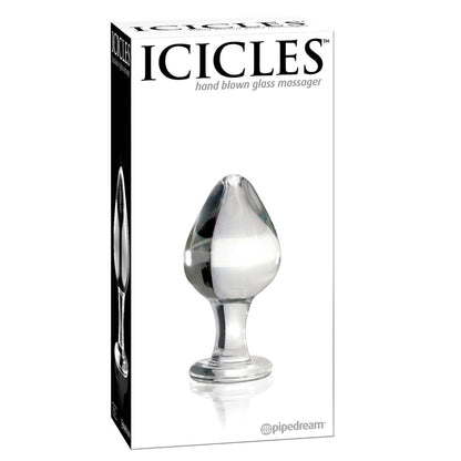 The box for Adams Toy Box Icicles No. 25 showcases a clear glass butt plug with a bulbous top and flat base, ideal for temperature play. This elegant, body-safe, hand-blown massager combines sophistication and functionality in every use.