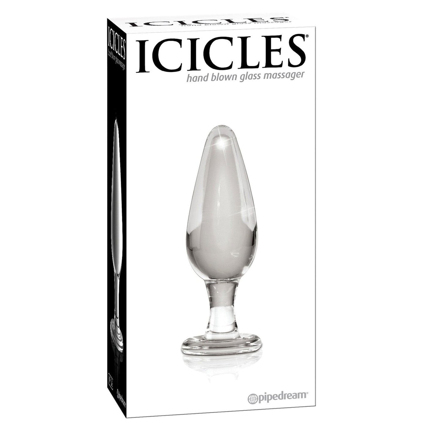 The image shows the packaging of the Icicles No. 26 Hand Blown Glass by Icicles, featuring a sleek, transparent hand-crafted glass massager with a spherical tip and base, ideal for safe temperature play.