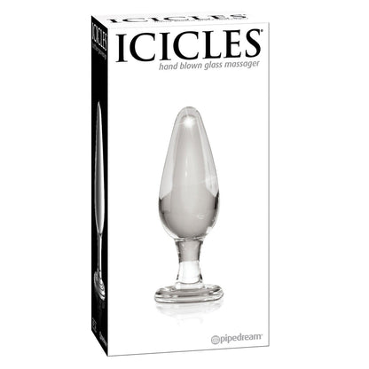 The image shows the packaging of the Icicles No. 26 Hand Blown Glass by Icicles, featuring a sleek, transparent hand-crafted glass massager with a spherical tip and base, ideal for safe temperature play.