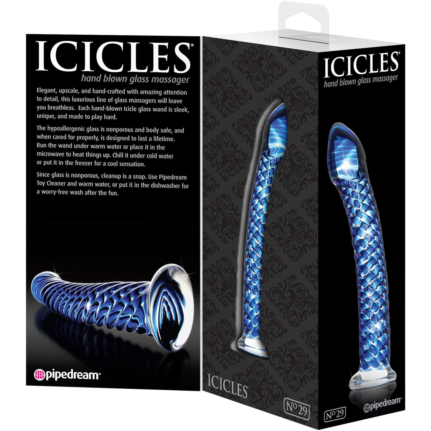 Packaging for the Icicles No. 29 Hand Blown Glass, a luxurious glass massager featuring an intricate blue design. It includes images and descriptive text showcasing its elegant appearance and hypoallergenic qualities.