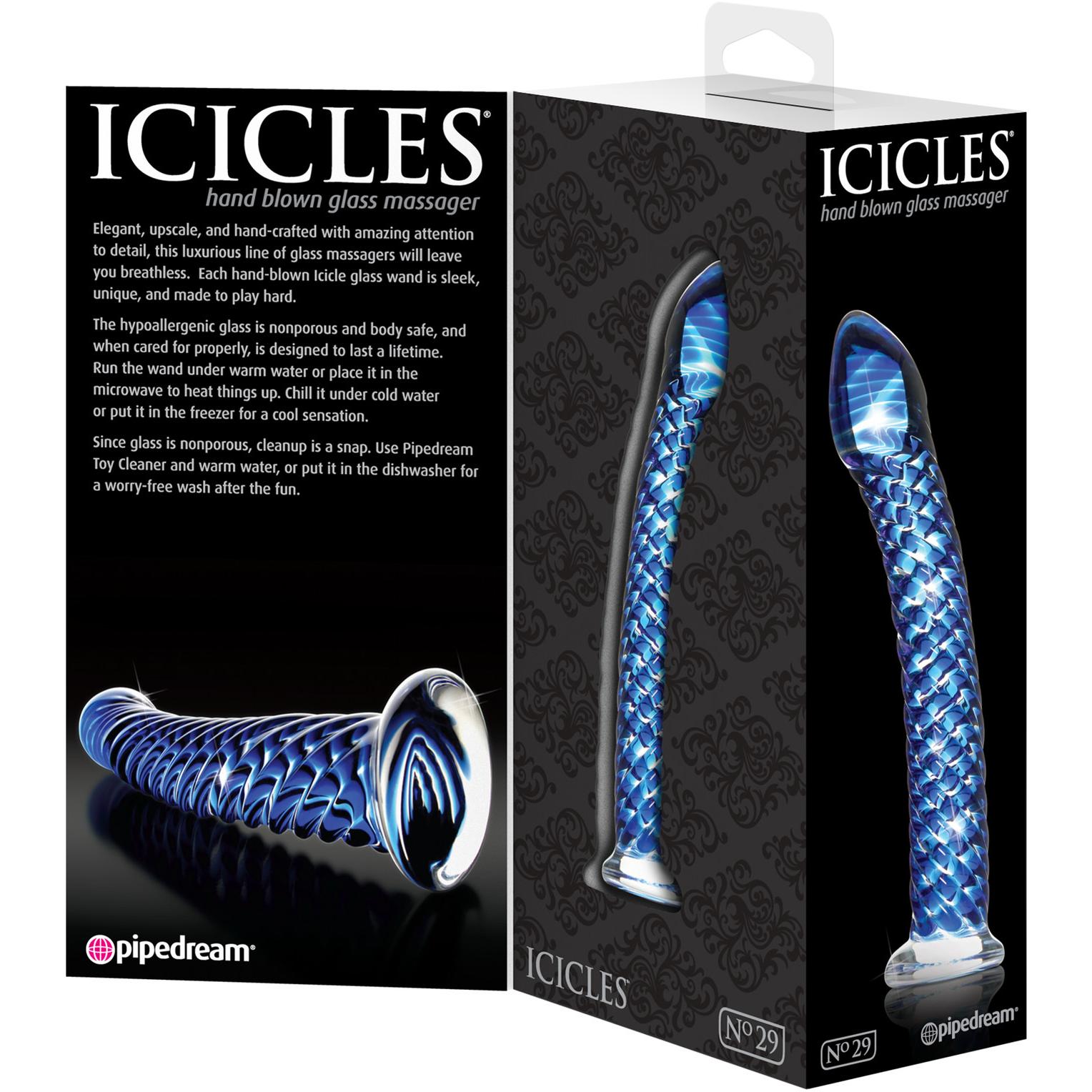 Packaging for the Icicles No. 29 Hand Blown Glass, a luxurious glass massager featuring an intricate blue design. It includes images and descriptive text showcasing its elegant appearance and hypoallergenic qualities.