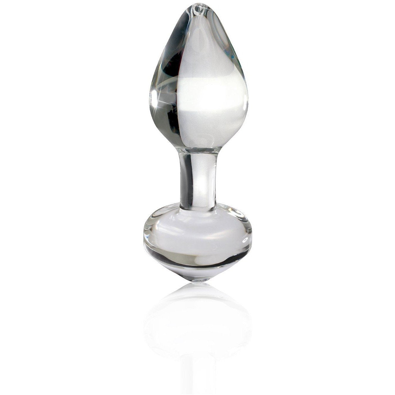 The Icicles No. 44 Hand Blown Glass Butt Plug by Icicles is a teardrop-shaped glass piece with a rounded base, ideal for temperature play. Its smooth, reflective surface stands out vividly against a white background and showcases expert hand-blown craftsmanship.