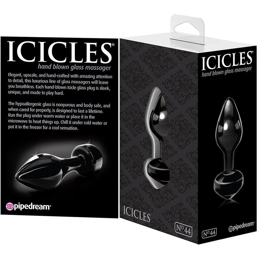 The Icicles No. 44 Hand Blown Glass Butt Plug by Icicles features a sleek black design showcased on its box. Perfect for temperature play, this nonporous, body-safe piece radiates elegance and uniqueness.