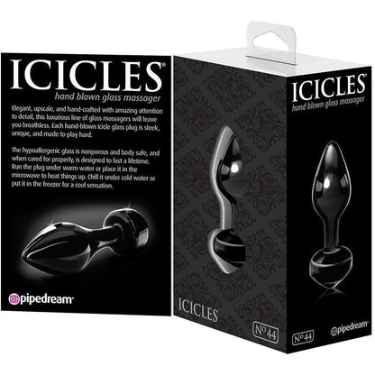 The Icicles No. 44 Hand Blown Glass Butt Plug by Icicles features a sleek black design showcased on its box. Perfect for temperature play, this nonporous, body-safe piece radiates elegance and uniqueness.