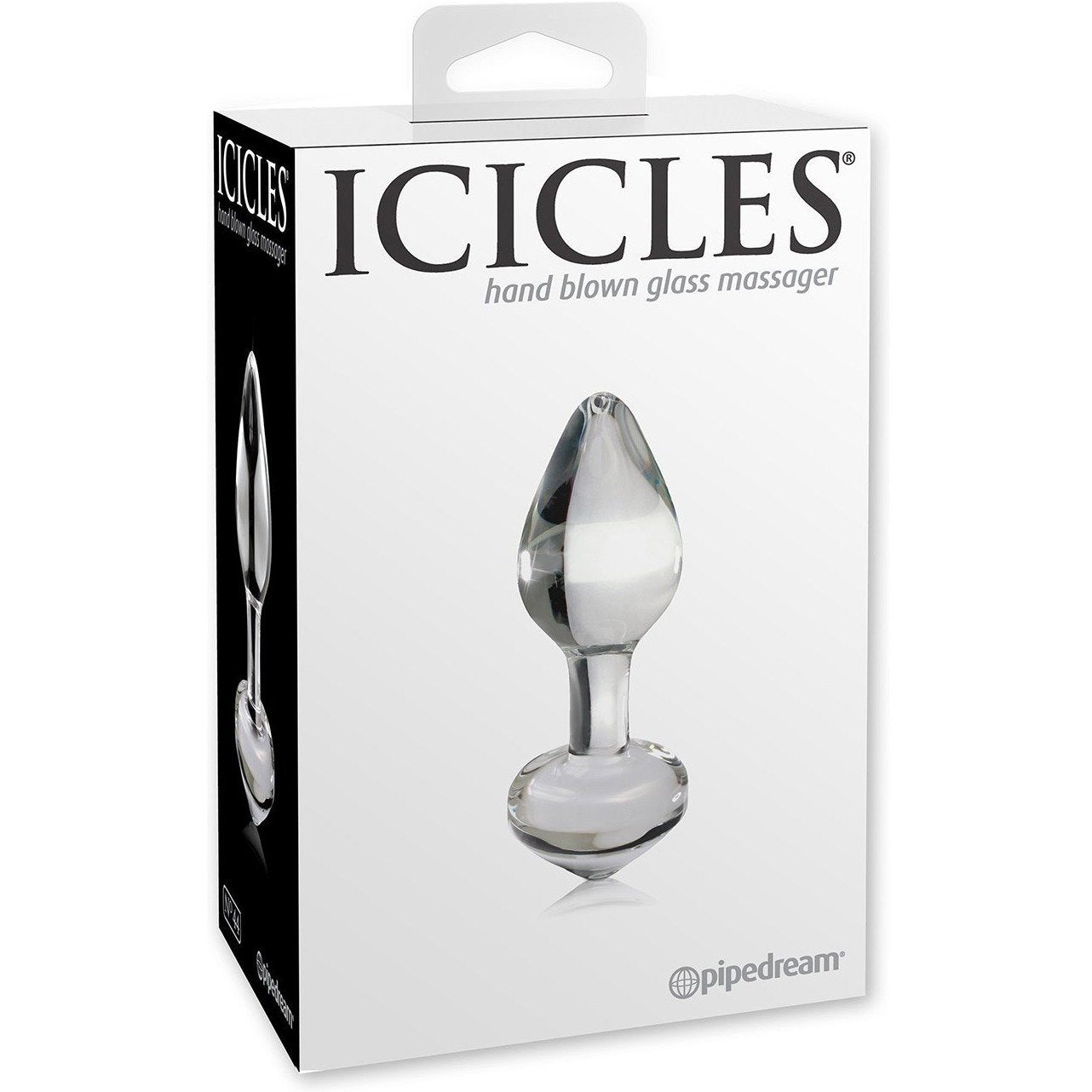 The image shows the packaging for the Icicles No. 44 Hand Blown Glass Butt Plug. The white box features a photo of the clear, tapered, bulbous massager with Icicles at the top, emphasizing its elegant design for temperature play enthusiasts.