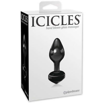 The Icicles No. 44 Hand Blown Glass Butt Plug box, showcasing the product on the front, features primarily white packaging with black text and a small handle for easy display, ideal for temperature play exploration.