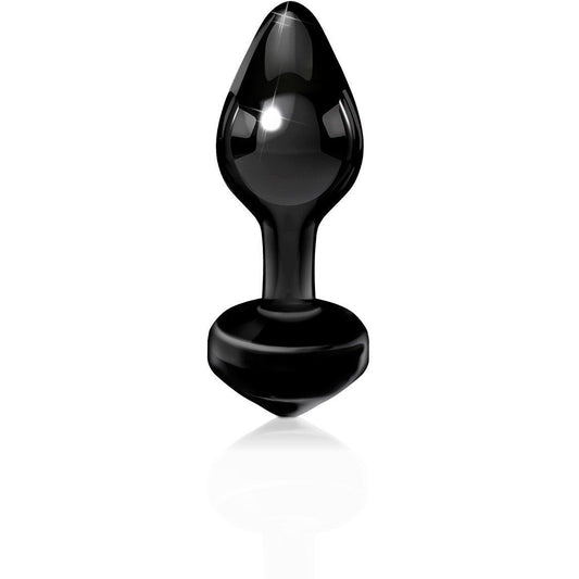 The Icicles No. 44 Hand Blown Glass Butt Plug, by Icicles, is a black teardrop-shaped object with a glossy, reflective surface. It stands upright on a smooth base against a white background, inviting curiosity and offering an intriguing visual appeal reminiscent of exquisite glass art.