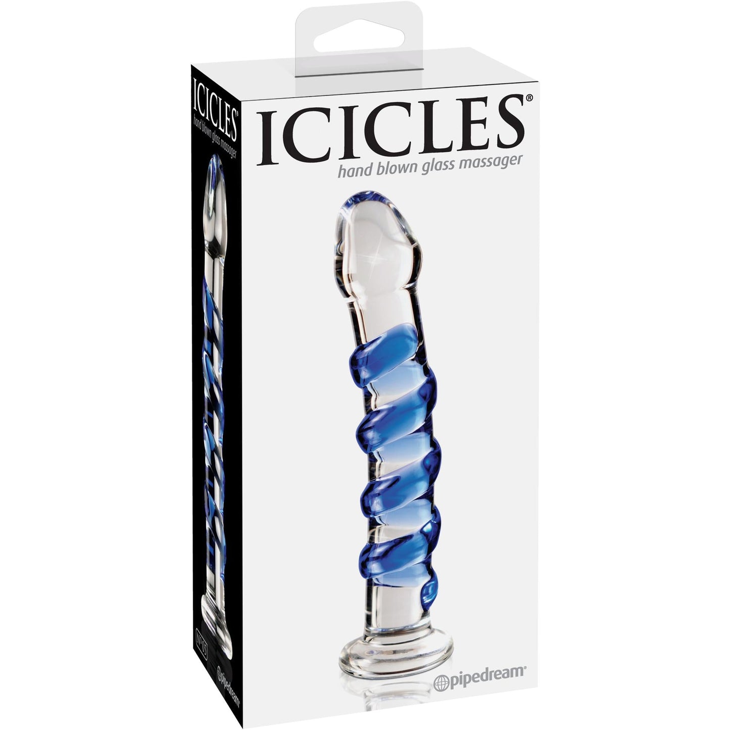 The image shows the phthalate-free Pipedream Icicles No. 5 hand-blown glass massager. The product is clear with blue swirls, and the box displays the brand name with a photo of this elegant item inside.