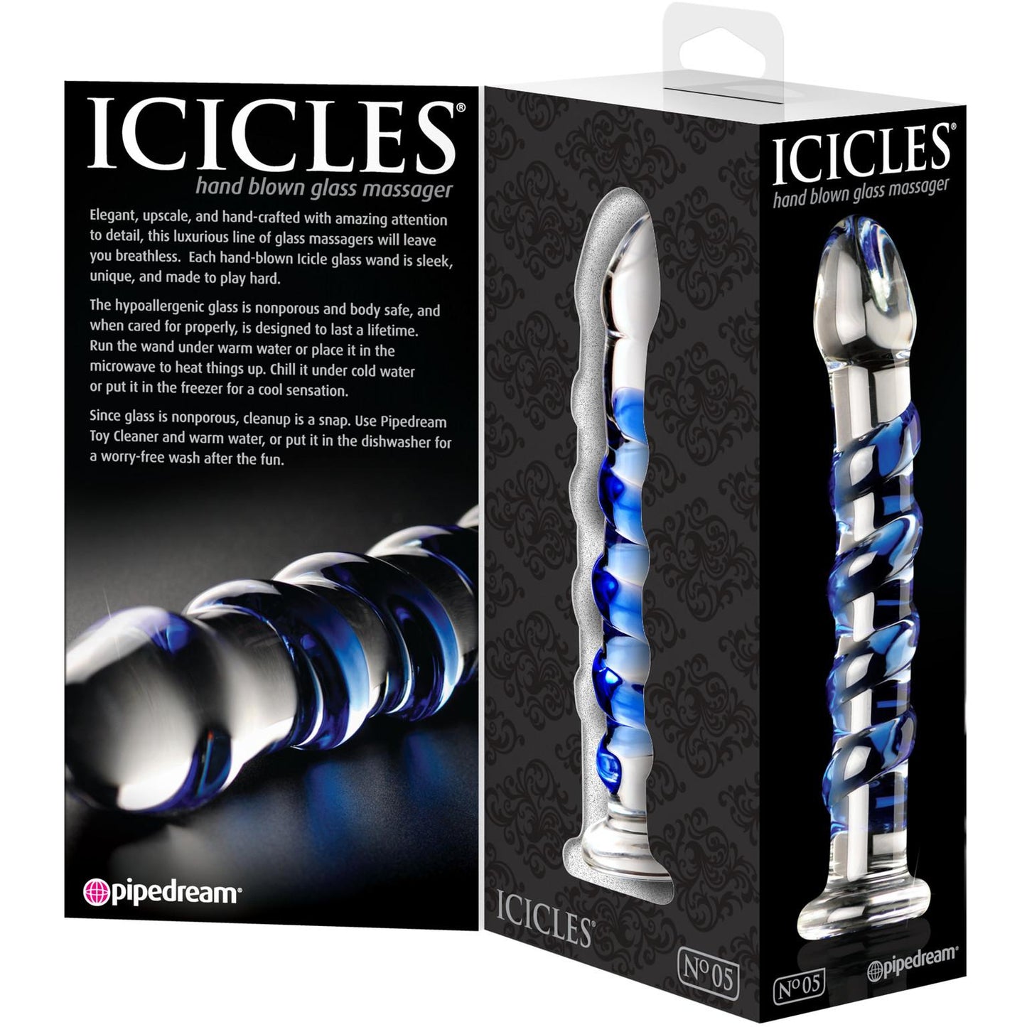 The Pipedream Icicles No. 5 Hand Blown Glass Massager features a stunning design with blue swirls in clear, phthalate-free glass. Its packaging highlights the Icicles name and emphasizes its artisanal craftsmanship.