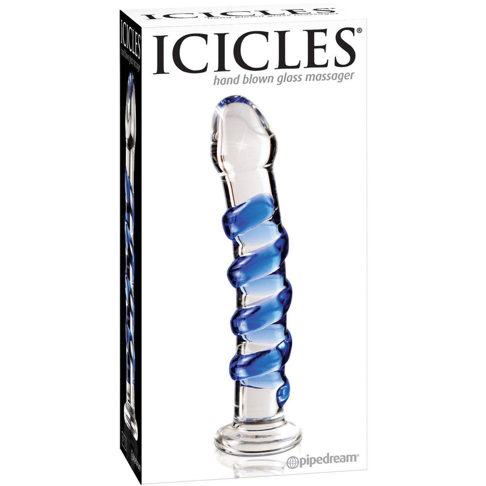 The image depicts the Icicles No. 5 Hand Blown Glass Massager - Clear w/Blue Swirls, a phthalate-free product by Pipedream. It features a transparent design with blue spirals, with Icicles and hand blown glass massager elegantly printed on the box.