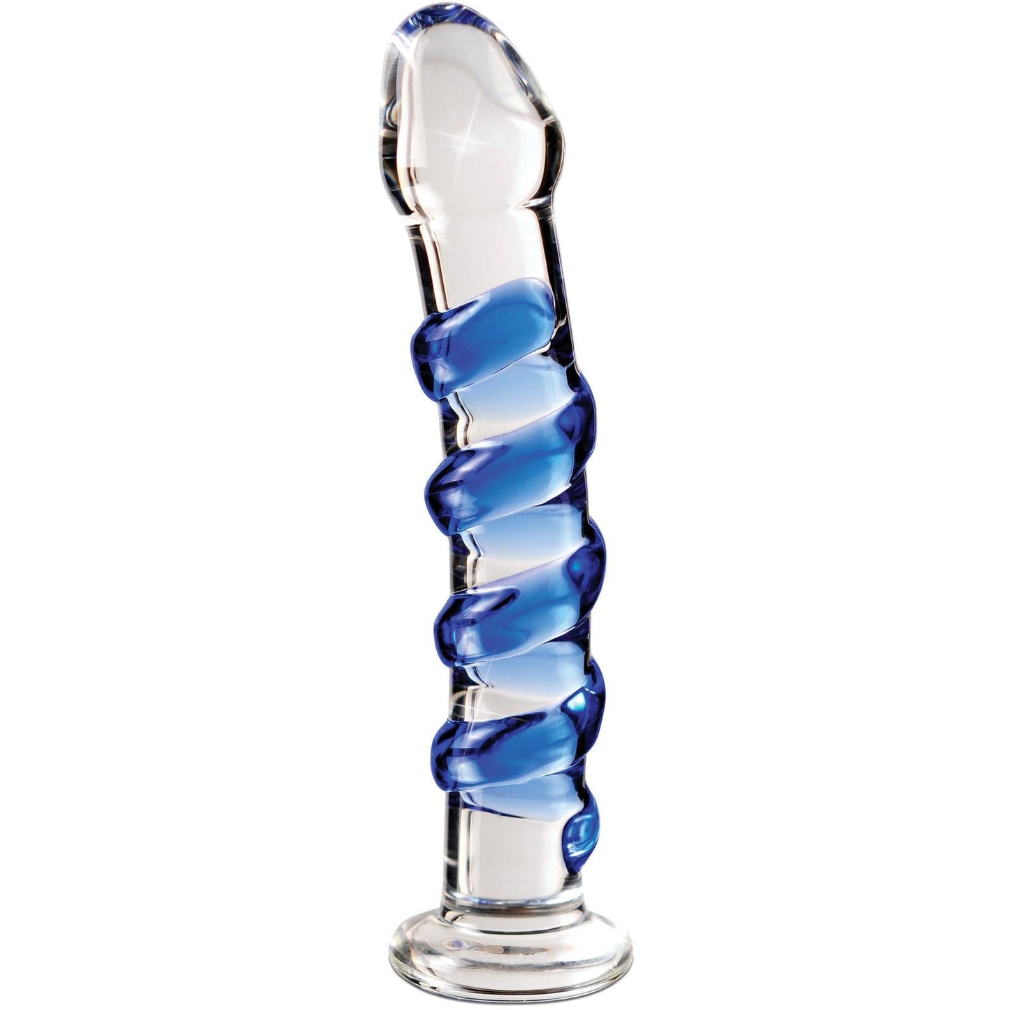 The Pipedream Icicles No. 5 Hand Blown Glass Massager features a clear design with blue swirls and a flared base for safety. This phthalate-free massager offers an elegant option for adult use, combining beauty and functionality.