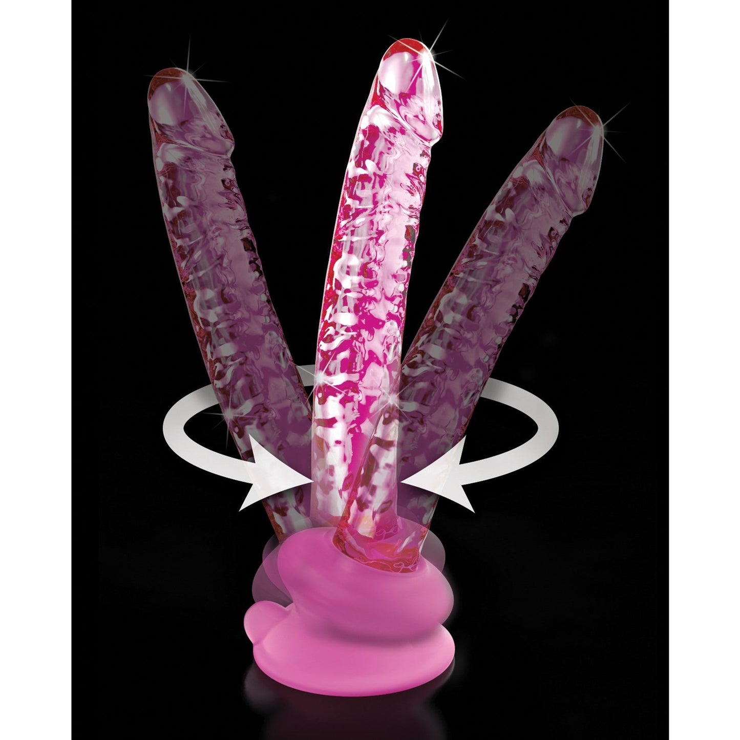 The Icicles No. 86 pink translucent massager, featuring a realistic shape and flexible design with arrows indicating its bendable nature, is showcased against a black background.