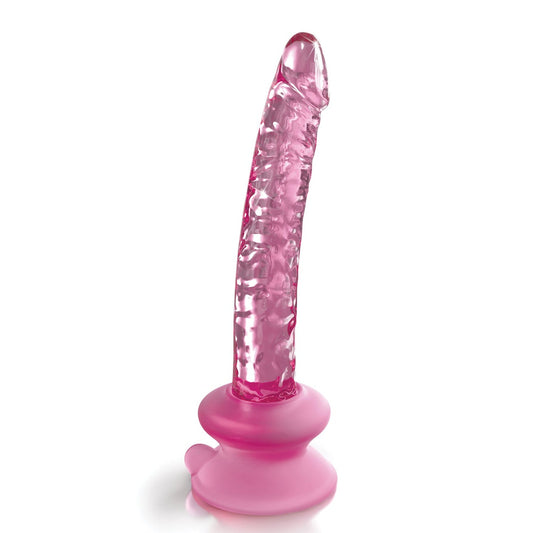 The Icicles No. 86 glass massager by Icicles, featuring a translucent pink finish, textured surface, and suction cup base, stands vertically against a white background to highlight its functionality and aesthetic appeal.