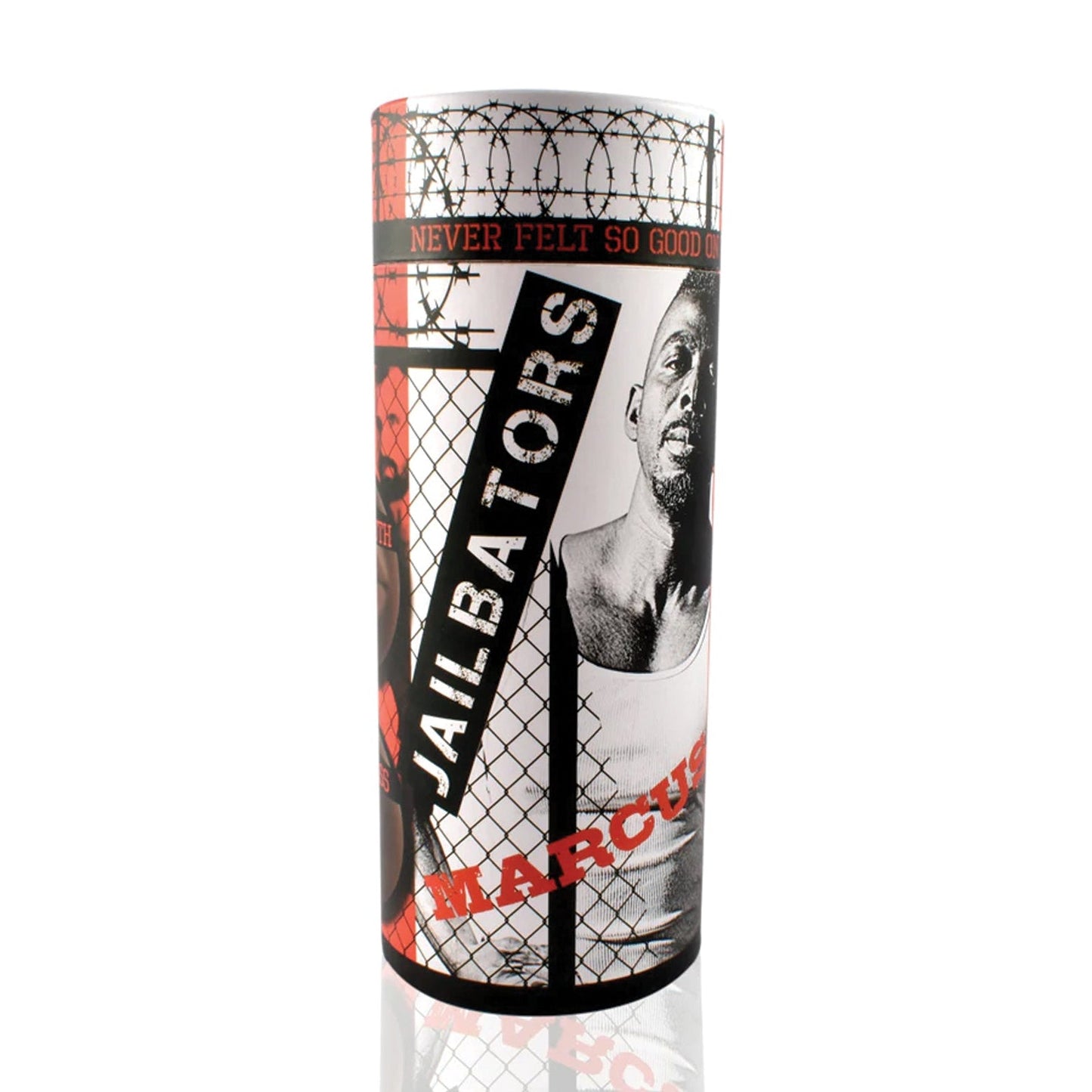 The Jailbators Marcuss Ass Stroker, a cylindrical TPE container with prison-themed design and ribbed interior, features black-and-white images of men behind barbed wire, labeled NEVER FELT SO GOOD and JAILBATORS, with MARCUS in bold red text.