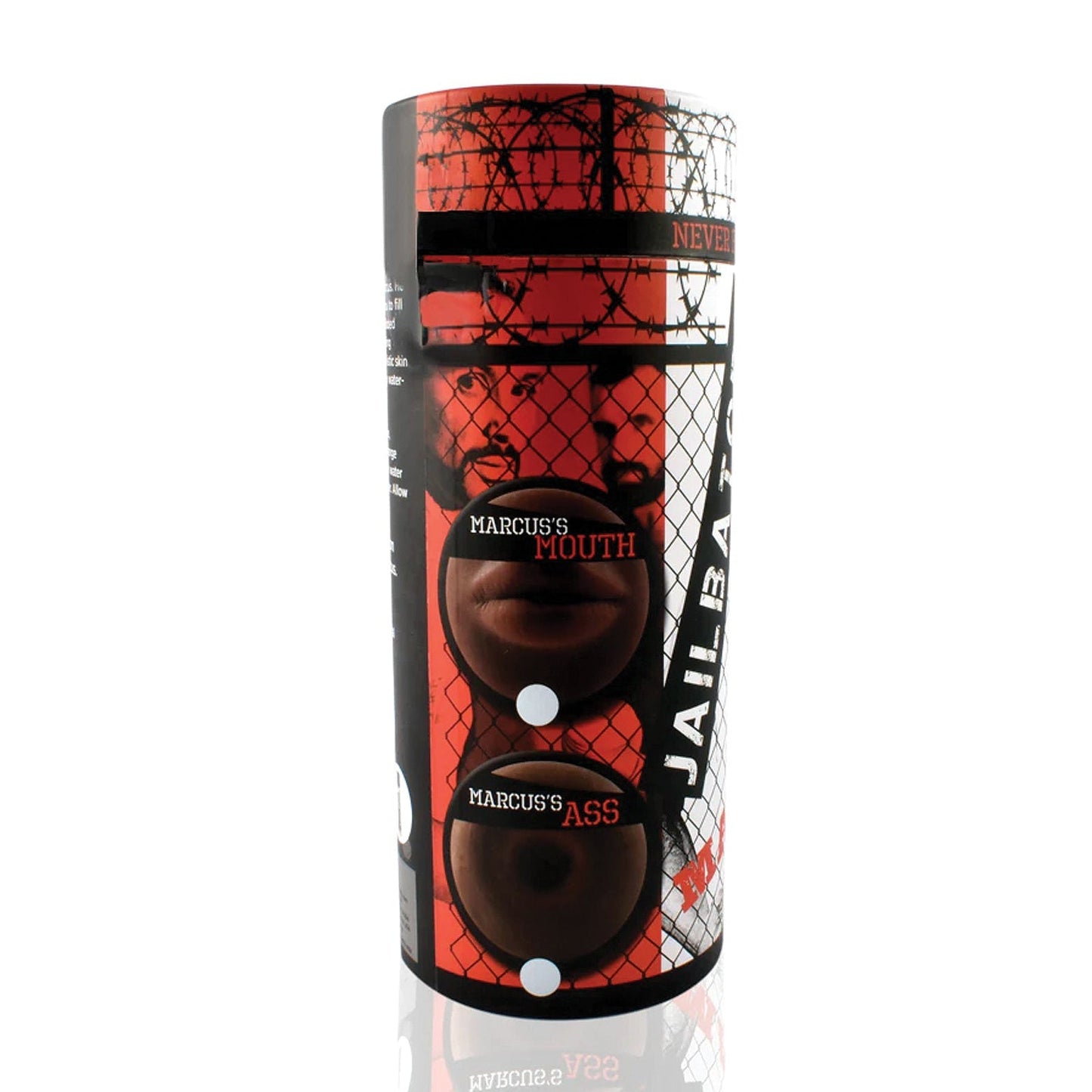 The cylindrical Jailbators Marcuss Ass Stroker package features a design with barbed wire and bold red and black colors. Labels read Marcuss Mouth and Marcuss Ass, showcasing its ultra-realistic TPE construction, body-safe materials, and ribbed interior for enhanced experience.