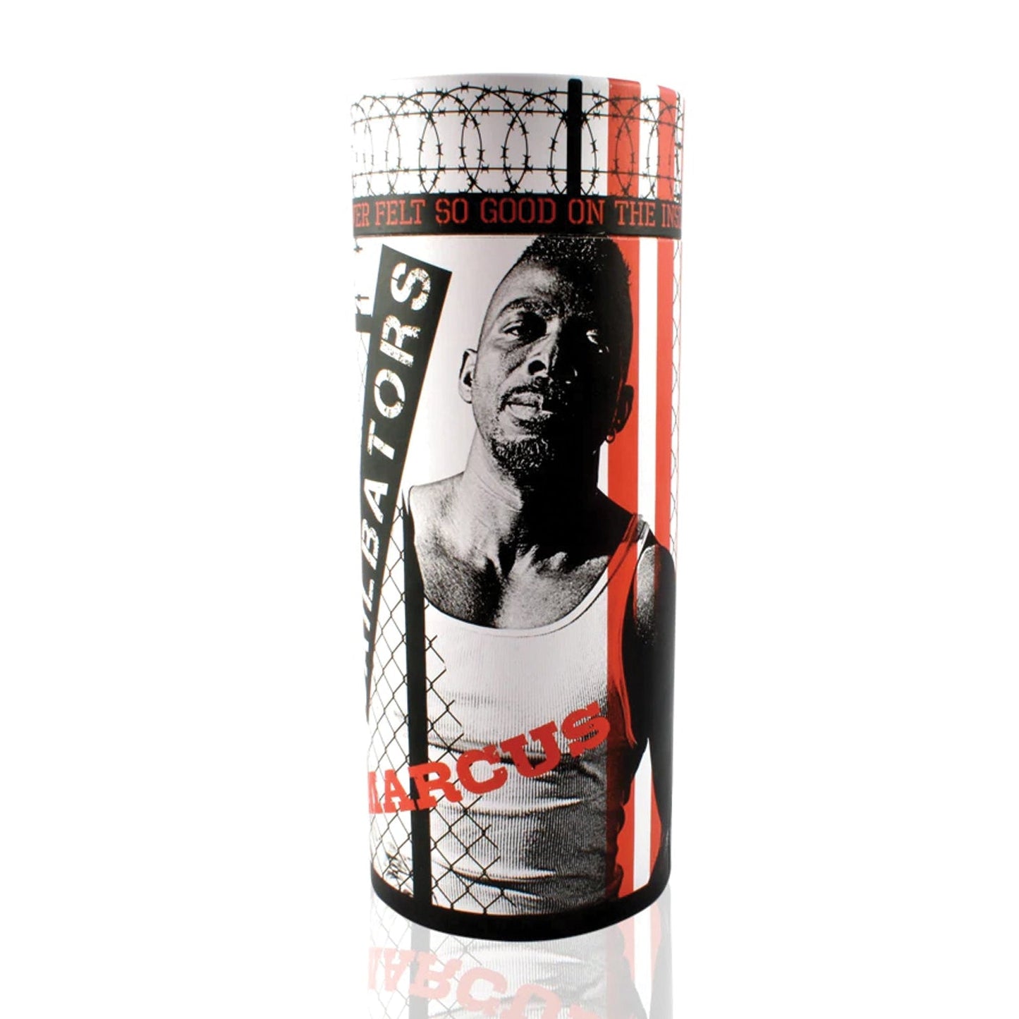 The Jailbators Marcuss Ass Stroker features a cylindrical container with a man in a tank top, ultra-realistic design, red and black stripes, barbed wire graphics, bold text, and offers a body-safe experience with its innovative ribbed interior.