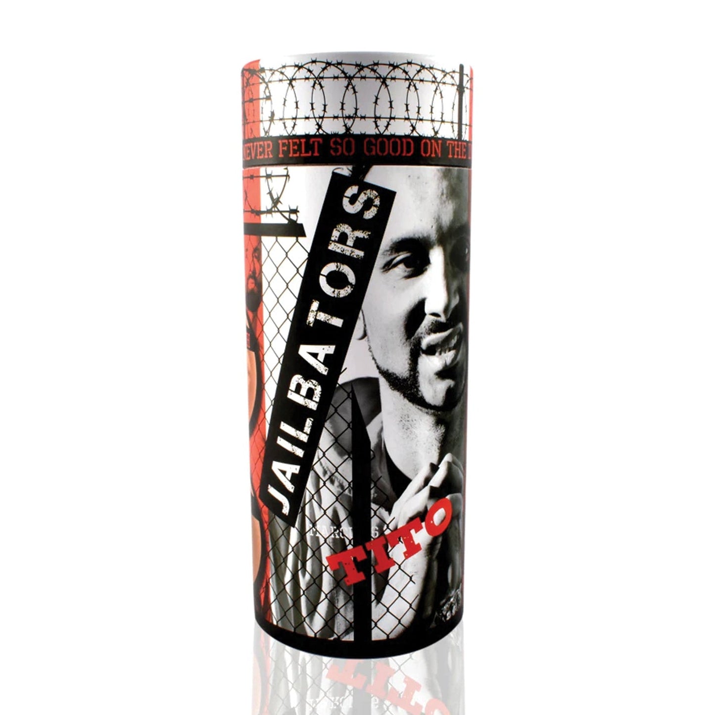 The Jailbators Titos Ass Stroker comes in a cylindrical container featuring Jailbators text, a black and white image of Tito, barbed wire patterns, realistic TPE accents, and red highlights that enhance the textured ribbed interior.