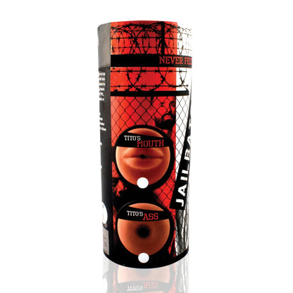 The Jailbators Titos Ass Stroker is a cylindrical container with a red and black design featuring barbed wire and the words Titos Mouth and Titos Ass. Jailbait is written vertically, and its ribbed TPE interior provides a realistic texture for an immersive experience.