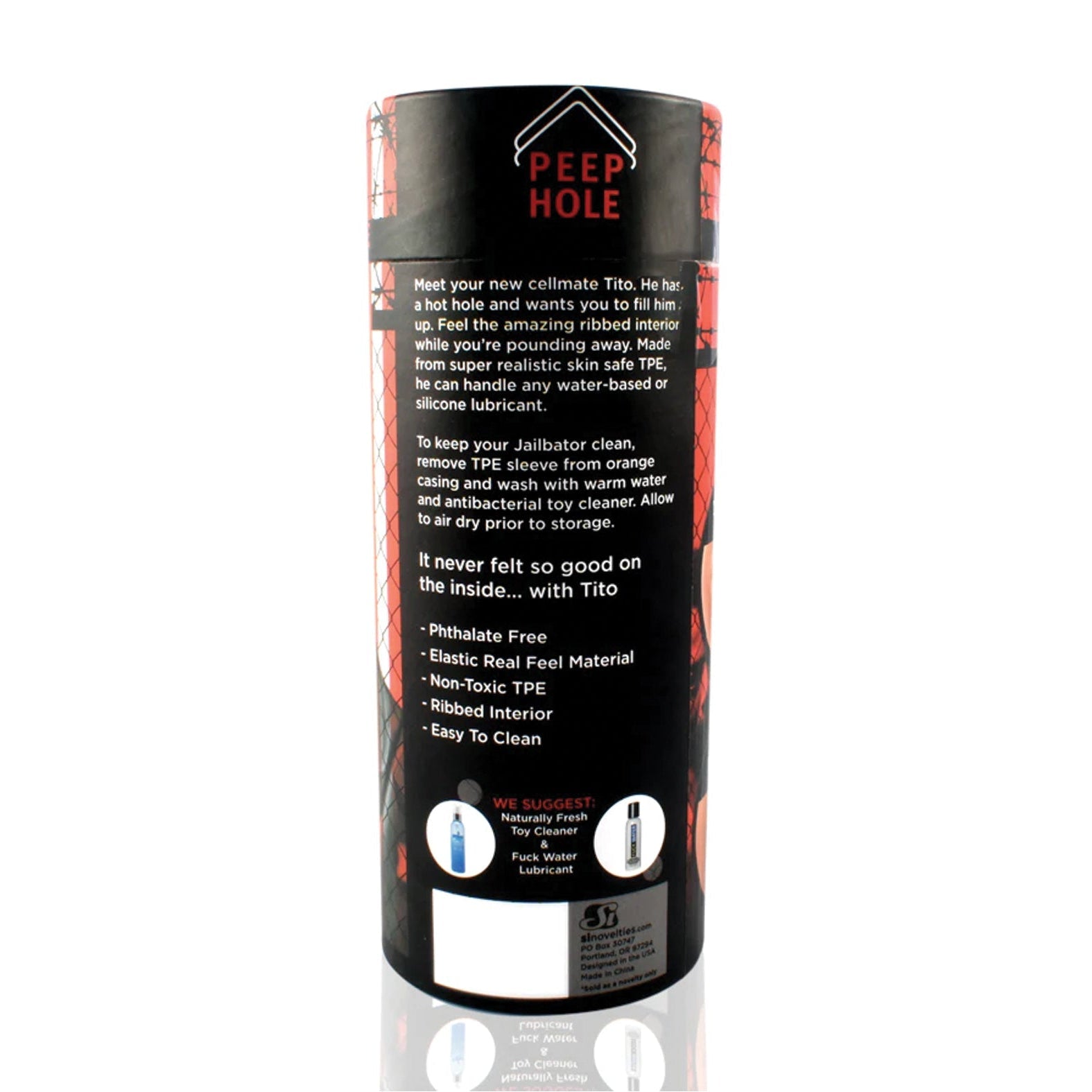 A cylindrical product package with a sleek black and red design showcases the Jailbators Titos Ass Stroker. It features realistic TPE, is phthalate-free, offers ribbed interior for added sensation, is easy to clean, and has additional visible text and suggestions.